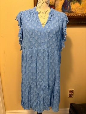 🌴Lilly Pulitzer Arleah Pom-pom sleeve trim Powder Blue Tiered Midi Dress